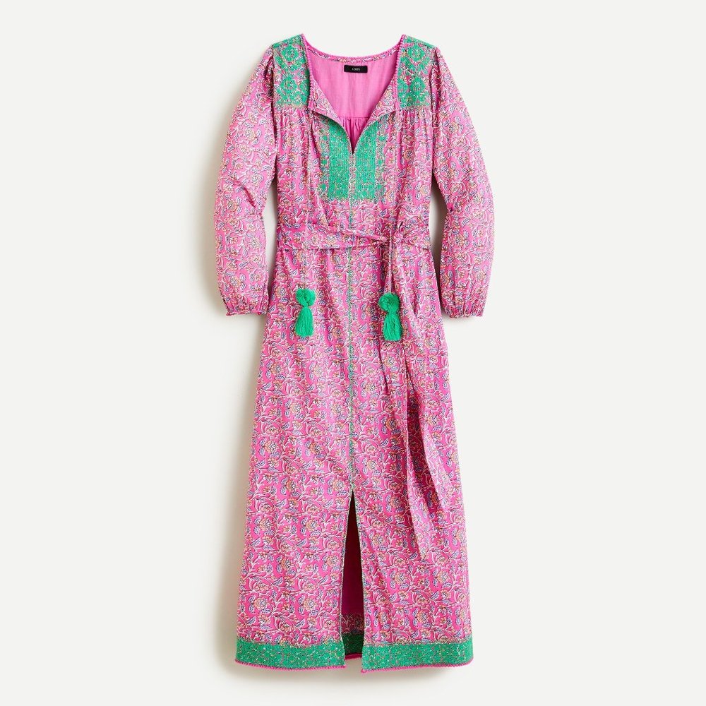 J. Crew women's maxi dress balloon sleeves tassels small pink and green cotton